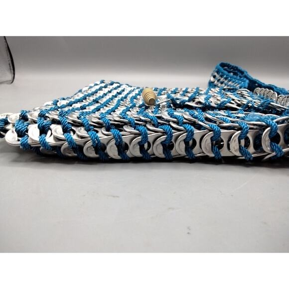 Macrame Aluminum Can Pull Tab Shoulder Bag Purse Round Teal Blue Pop Art Recycle - Picture 4 of 10